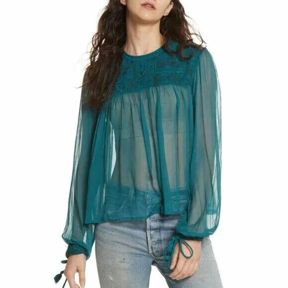 Free People Tops - Free People Retro Femme Sheer Beaded Long Sleeve Blouse NWT Turquoise FLAW XS